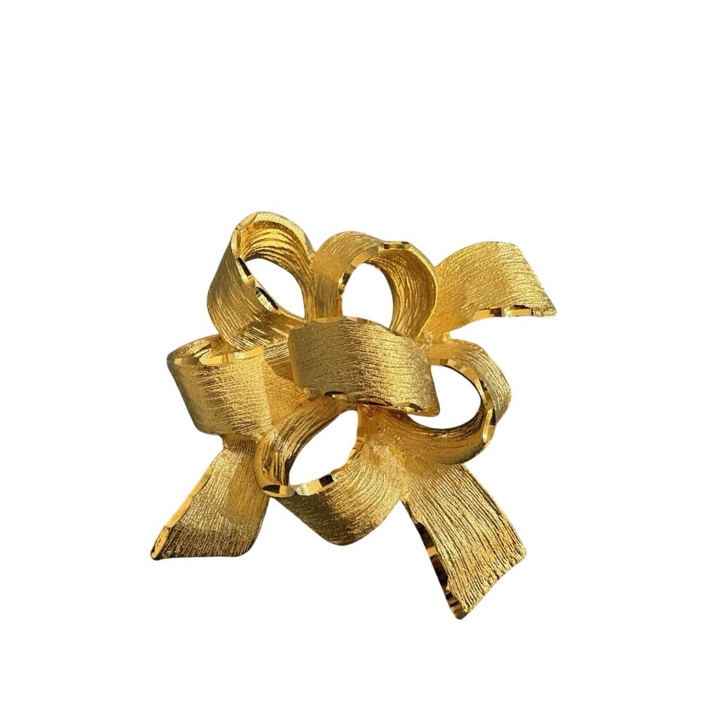 Vintage Signed Jona 3D Hand Tooled Edge Shiny Florentine Bow Ribbon Brooch